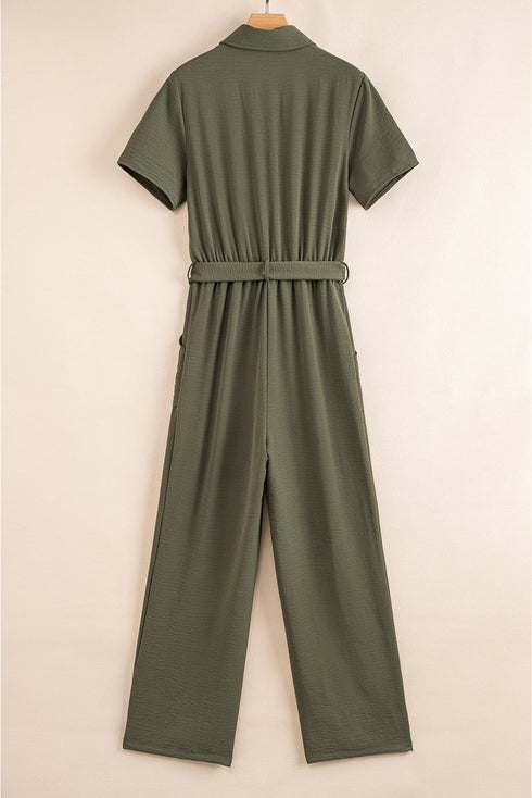 Modern Edge Utility Half Button Belted Wide Leg Jumpsuit
